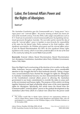 Labor, the External Affairs Power and the Rights of Aborigines