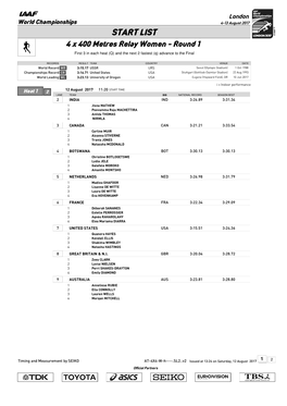 START LIST 4 X 400 Metres Relay Women - Round 1 First 3 in Each Heat (Q) and the Next 2 Fastest (Q) Advance to the Final