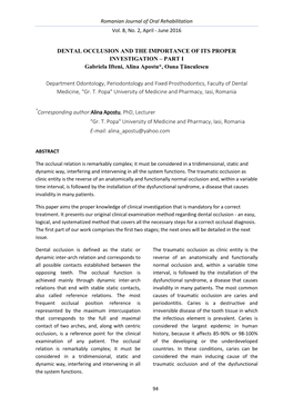 DENTAL OCCLUSION and the IMPORTANCE of ITS PROPER INVESTIGATION – PART I Gabriela Ifteni, Alina Apostu*, Oana Țănculescu