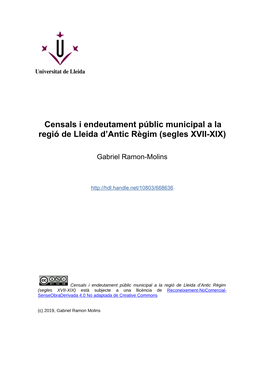 Censals I Endeutament Públic Municipal a La Regió De Lleida D’Antic Règim (Segles XVII-XIX)