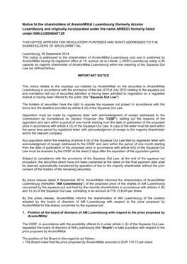 Notice to the Shareholders of Arcelormittal Luxembourg (Formerly