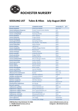 ROCHESTER NURSERY SEEDLING LIST Tubes & Hikos July-August 2019