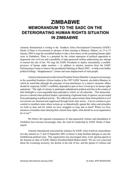 Zimbabwe Memorandum to the Sadc on the Deteriorating Human Rights Situation in Zimbabwe