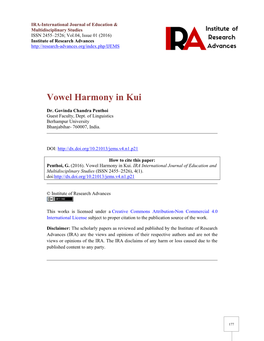 Vowel Harmony in Kui