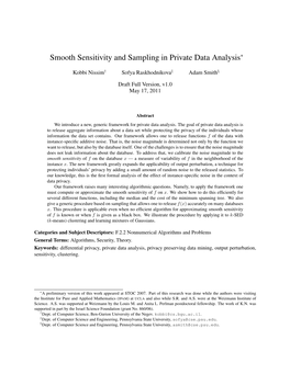 Smooth Sensitivity and Sampling in Private Data Analysis∗