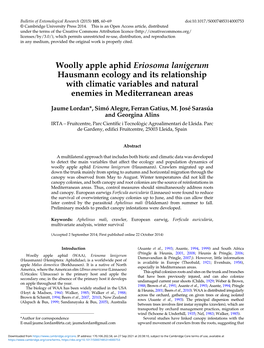 Woolly Apple Aphid Eriosoma Lanigerum Hausmann Ecology and Its Relationship with Climatic Variables and Natural Enemies in Mediterranean Areas