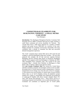 COMMUTER RAIL FEASIBILITY for BURLINGTON, VERMONT—A SMALL METRO CASE STUDY Tony Redington