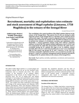 Recruitment, Mortality and Exploitation Rates Estimate and Stock Assessment of Mugil Cephalus (Linnaeus, 1758 Mugilidea) in the Estuary of the Senegal River