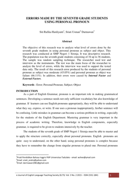 Errors Made by the Seventh Grade Students Using Personal Pronoun