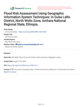 Flood Risk Assessment Using Geographic Information System Techniques: in Guba Lafto District, North Wollo Zone, Amhara National Regional State, Ethiopia