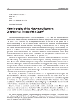 Historiography of the Morava Architecture: Controversial Points of the Study1