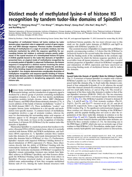 Distinct Mode of Methylated Lysine-4 of Histone H3 Recognition by Tandem Tudor-Like Domains of Spindlin1