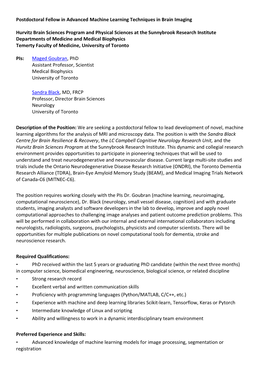 Postdoctoral Fellow in Advanced Machine Learning Techniques in Brain Imaging Hurvitz Brain Sciences Program and Physical Science