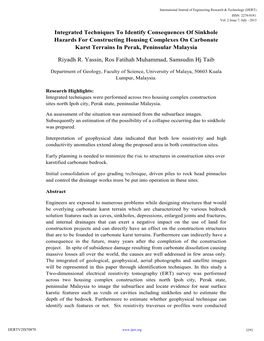 Integrated Techniques to Identify Consequences of Sinkhole Hazards for Constructing Housing Complexes on Carbonate Karst Terrains in Perak, Peninsular Malaysia