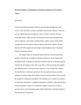 Dominant Ethnicity and Dominant Nationhood: Empirical and Normative Aspects Introduction Current Scholarship Pertaining to Ethn