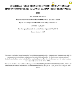 Steelhead (Oncorhynchus Mykiss) Population and Habitat Monitoring in Lower Yakima River Tributaries 2016