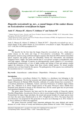 Diaporthe Toxicodendri Sp. Nov., a Causal Fungus of the Canker Disease on Toxicodendron Vernicifluum in Japan Article