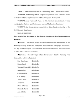 A RESOLUTION Establishing the 2015 Membership of the Kentucky State Senate