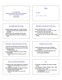 Outline Executable/Object File Formats Brief History of Binary File Formats