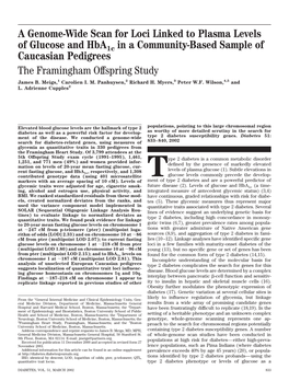 A Genome-Wide Scan for Loci Linked to Plasma Levels of Glucose and Hba1c in a Community-Based Sample of Caucasian Pedigrees the Framingham Offspring Study James B