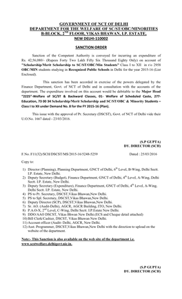 Government of Nct of Delhi Department for the Welfare of Sc/St/Obc/Minorities B-Block, 2 Floor, Vikas Bhawan, I.P. Estate, New D