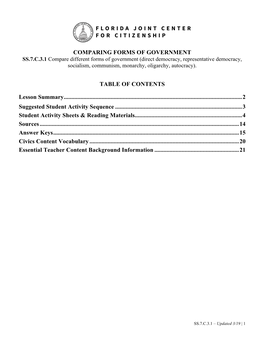 Comparing Forms of Government Table Of