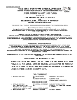 The High Court of Orissa,Cuttack List of Business for Thursday the 25Th February 2021 Chief Justice's Court (2Nd Floor)