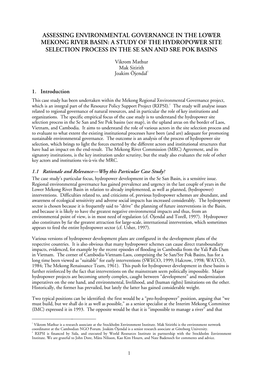 Assessing Environmental Governance in the Lower Mekong River Basin: a Study of the Hydropower Site Selection Process in the Se San and Sre Pok Basins