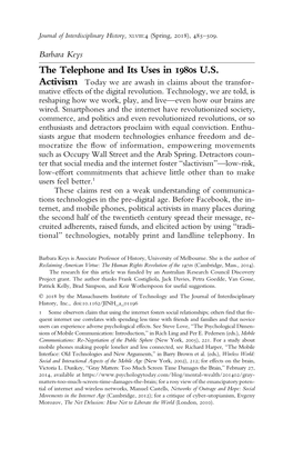 The Telephone and Its Uses in 1980S U.S. Activism Today We Are Awash in Claims About the Transfor- Mative Effects of the Digital Revolution