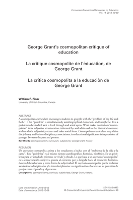 George Grant's Cosmopolitan Critique of Education