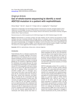 Original Article Use of Whole-Exome Sequencing to Identify a Novel ADCY10 Mutation in a Patient with Nephrolithiasis