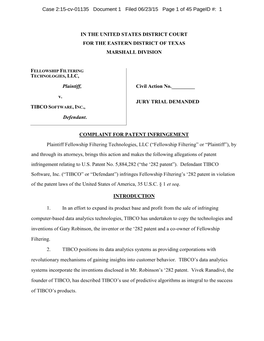 IN the UNITED STATES DISTRICT COURT for the EASTERN DISTRICT of TEXAS MARSHALL DIVISION Plaintiff, V. TIBCO SOFTWARE, INC., Defe