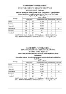 HARMONOGRAM WYWOZU W 2020 R. ODPADÓW ZMIESZANYCH I