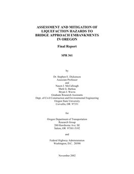 Assessment and Mitigation of Liquefaction Hazards to Bridge Approach Embankments in Oregon