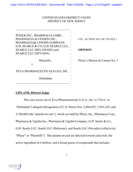 United States District Court District of New Jersey : Pfizer Inc., Pharmacia Corp., : Pharma