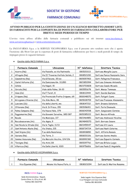 Short List) Di Farmacisti Per La Copertura Di Posti Di Farmacista Collaboratore Per Brevi E Medi Periodi Di Tempo