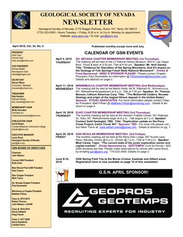 NEWSLETTER Geological Society of Nevada, 2175 Raggio Parkway, Room 107, Reno, NV 89512 (775) 323-3500 - Hours Tuesday -- Friday, 8:30 A.M