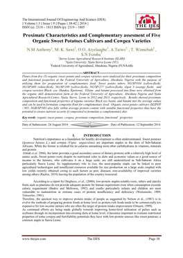 Proximate Characteristics and Complementary Assesment of Five Organic Sweet Potatoes Cultivars and Cowpea Varieties