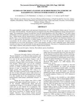 Studies on the Root Anatomy of Rubber Producing Endemic of Kazakhstan, Taraxacum Kok-Saghyz L.E