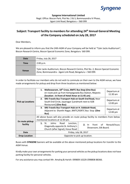 Transport Facility to Members for Attending 24Th Annual General Meeting of the Company Scheduled on July 28, 2017