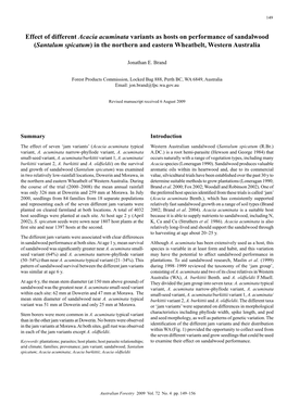 Effect of Different Acacia Acuminata Variants As Hosts on Performance of Sandalwood (Santalum Spicatum) in the Northern and Eastern Wheatbelt, Western Australia