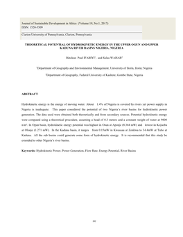 Theoretical Potential of Hydrokinetic Energy in the Upper Ogun and Upper Kaduna River Basins Nigeria, Nigeria