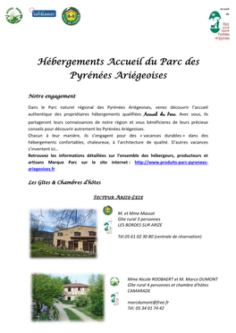 Hébergements Accueil Du Parc Des Pyrénées Ariégeoises