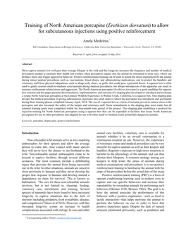 Training of North American Porcupine (Erethizon Dorsatum) to Allow for Subcutaneous Injections Using Positive Reinforcement