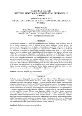 Naskah La Galigo: Identitas Budaya Sulawesi Selatan Di Museum La Galigo La Galigo Manuscript: the Cultural Identity of South Sulawesi in the La Galigo Museum