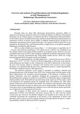 Overview and Analysis of Legal Documents and Technical Regulations on Safe Management of Radioisotope Thermoelectric Generators