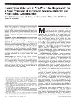 Homozygous Mutations in NEUROD1 Are Responsible for a Novel Syndrome of Permanent Neonatal Diabetes and Neurological Abnormalities Oscar Rubio-Cabezas,1,2 Jayne A.L