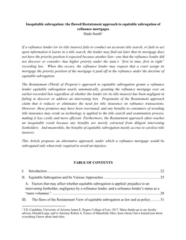 Inequitable Subrogation: the Flawed Restatement Approach to Equitable Subrogation of Refinance Mortgages Slade Smith1