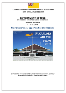 GOVERNMENT of NIUE Niue's Experience, Opportunities And