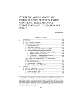 Excuse Me, You're Mining My Asteroid: Space Property Rights and the U.S. Space Resource Exploration and Utilization Act Of